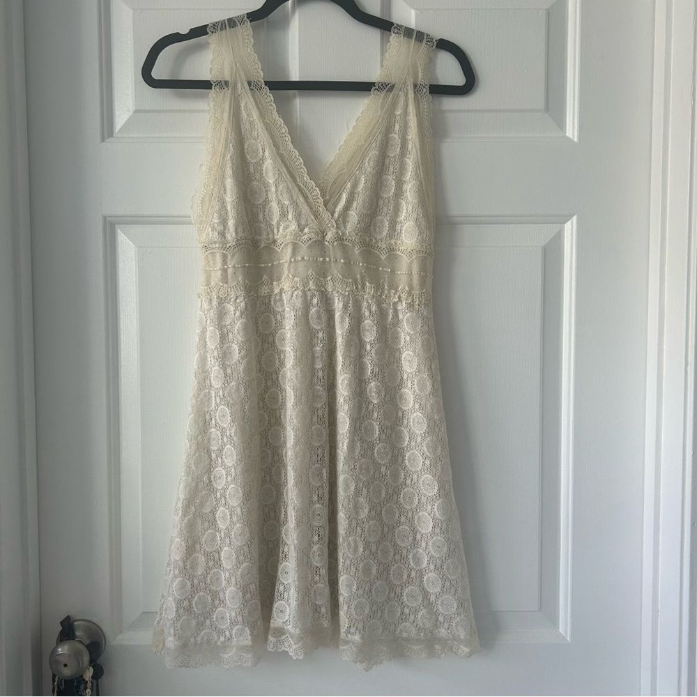 Pinky Lace Baby Doll Scalloped Edges V Neck Cream Colored Dress
